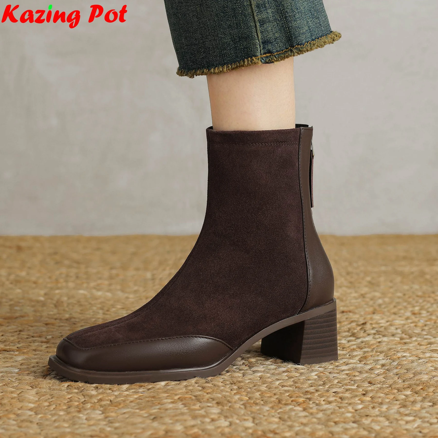 

Krazing Pot Plus Size 34-42 Cow Suede High Heels Zipper Modern Boots Winter Autumn Shoes Vintage Brand Dating Women Ankle Boots