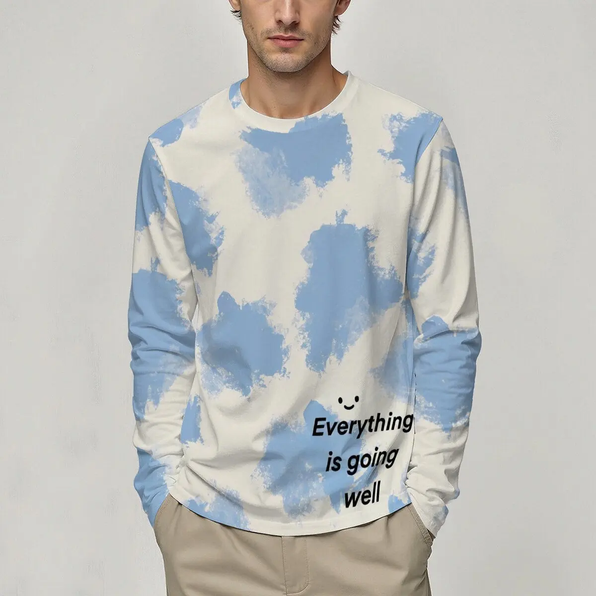 Herren-Langarm-T-Shirt für Frühling und Herbst, mit blauem Wolken-Print-Design, bequem und leicht.