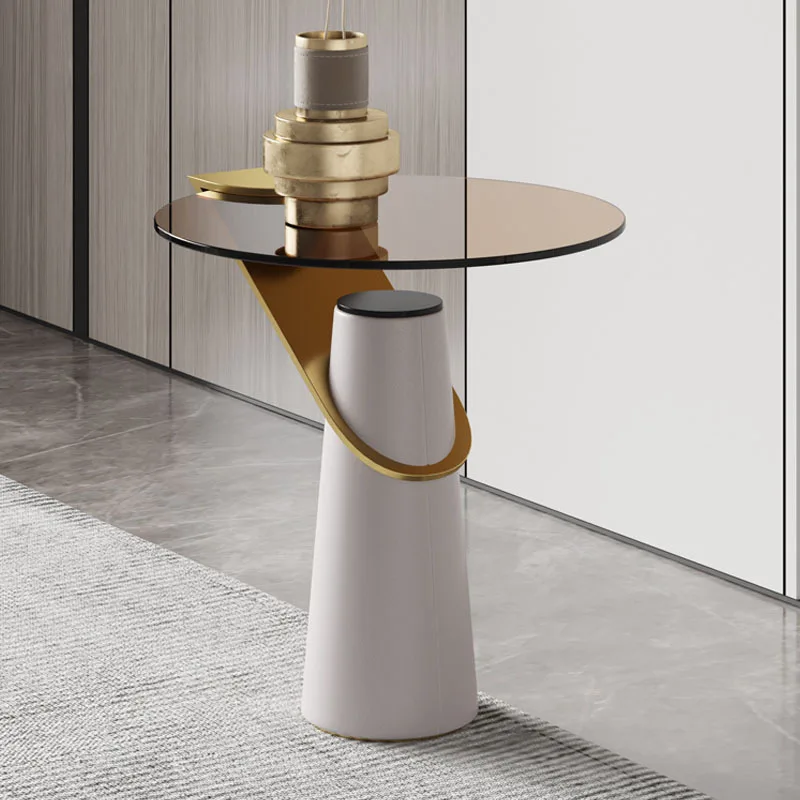 

Luxury Metal Glass Coffee Table Round Creative Small Apartment Living Room Ins Popular PU Wrapped Side Table