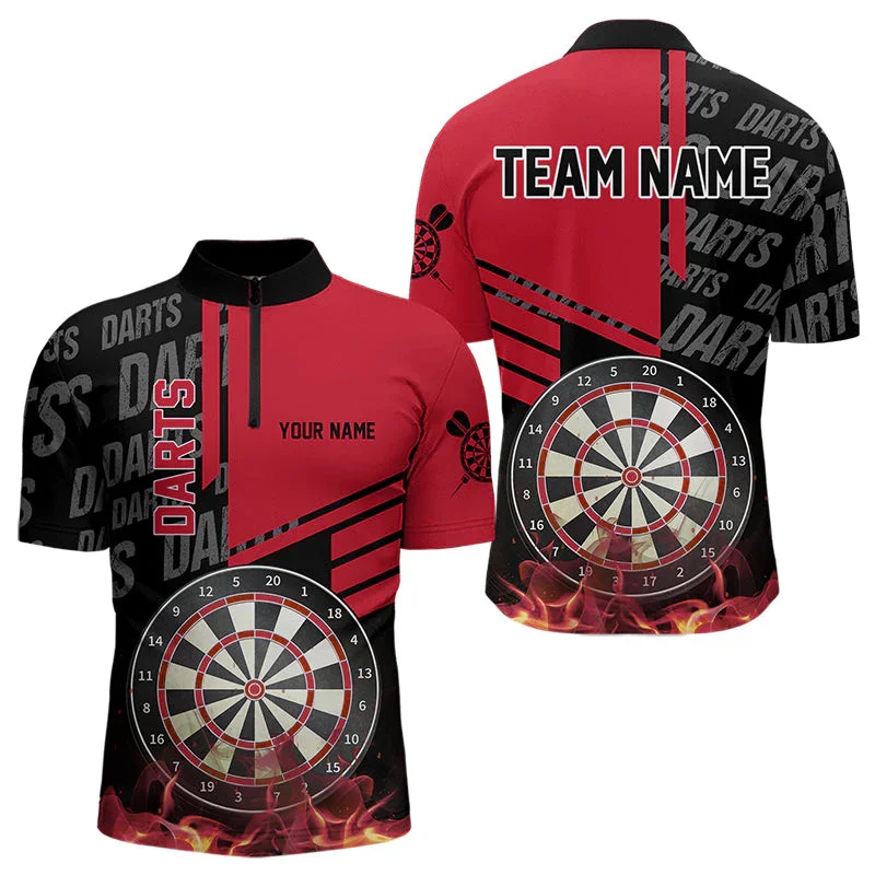 Personalized Name Black And Red Fire Darts & Dartboard 3D Printed Fashion Men Summer Zip Polo Shirt Dart Team Jerseys XKP02