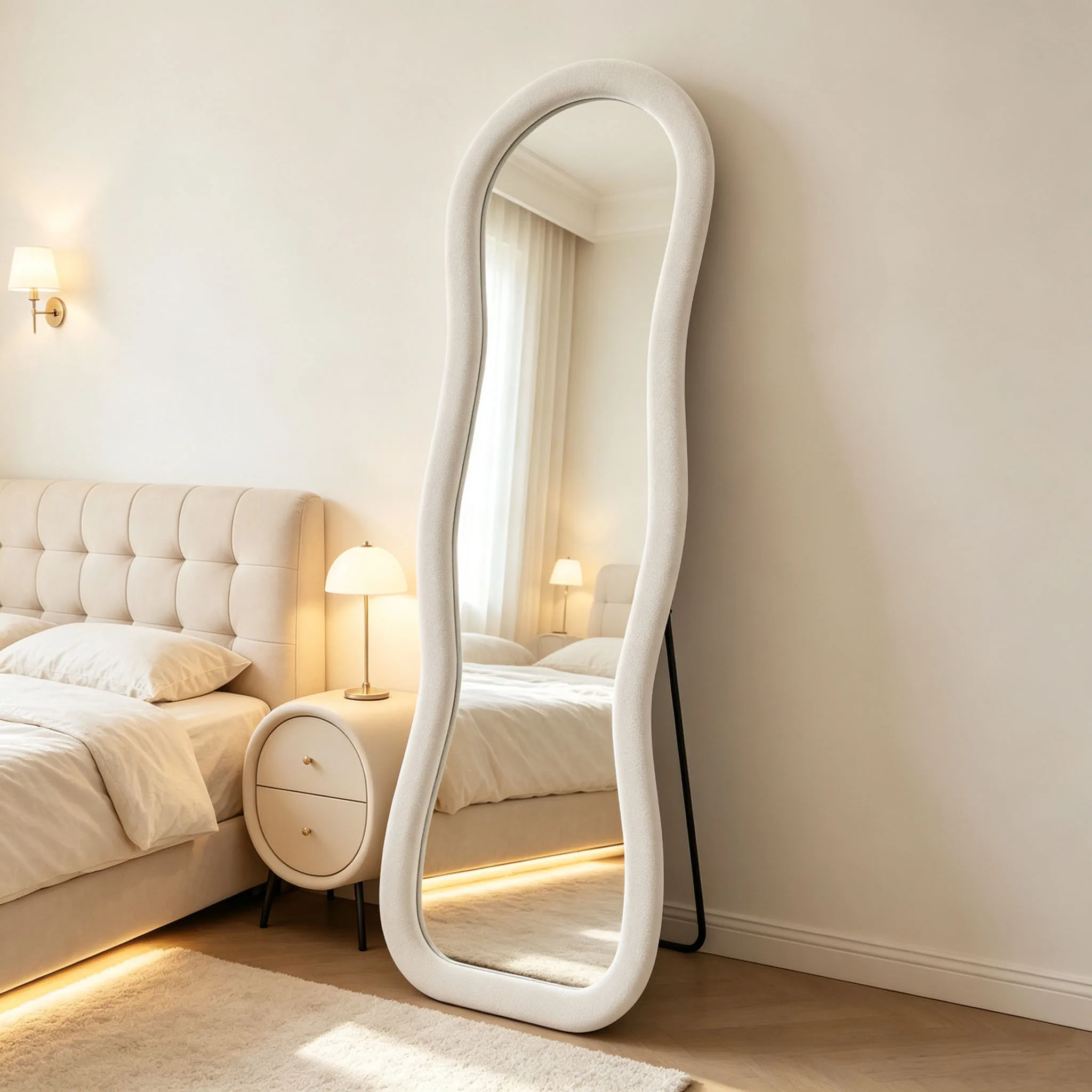 Superaly, specchio a figura intera ondulato, da appoggio, 160x50 cm, con struttura rivestita in morbido flanella, grande specchio da terra, vetro senza distorsioni, supporto in metallo, specchio da