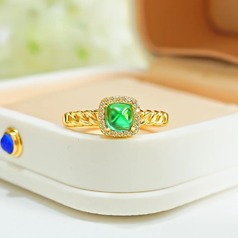 Light luxury green sugar tower 925 silver simple ring inlaid with high carbon diamond temperament versatile for women