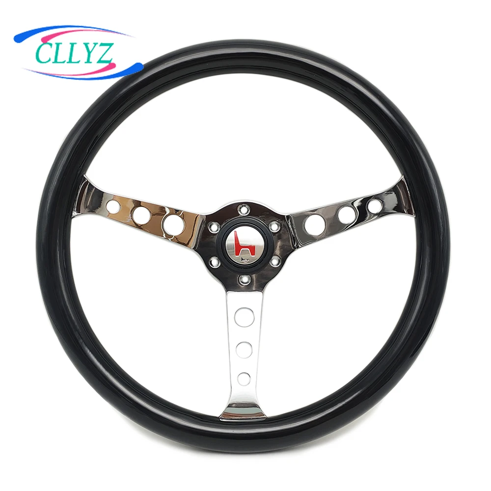 CLLYZ Universal Black Solid Wood Aluminum Car Steering Wheel 15 Inch 380MM 9 Hole Matte Bracket Retro Steering Wheel for Honda