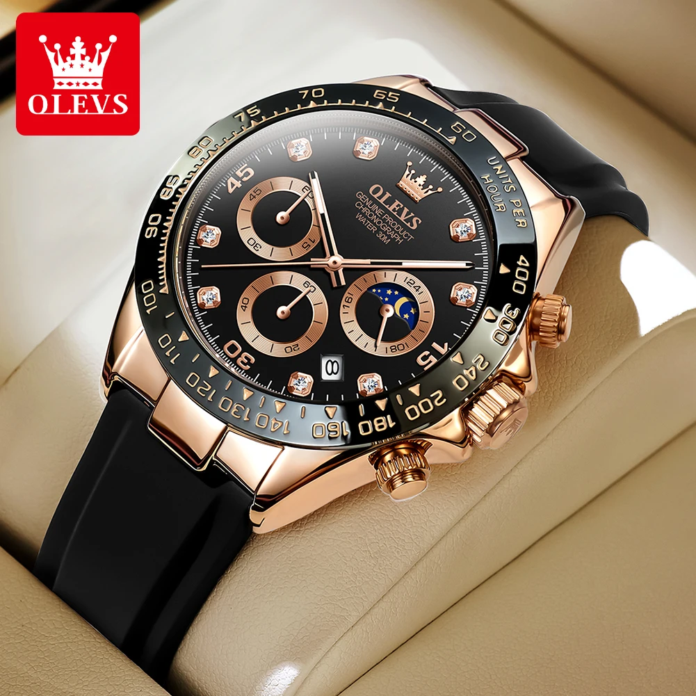 OLEVS Watches for Men Chronograph Analog Quartz Watch Moon Phase Silicone Diamond Waterproof Luminous Quartz Wrist Watches