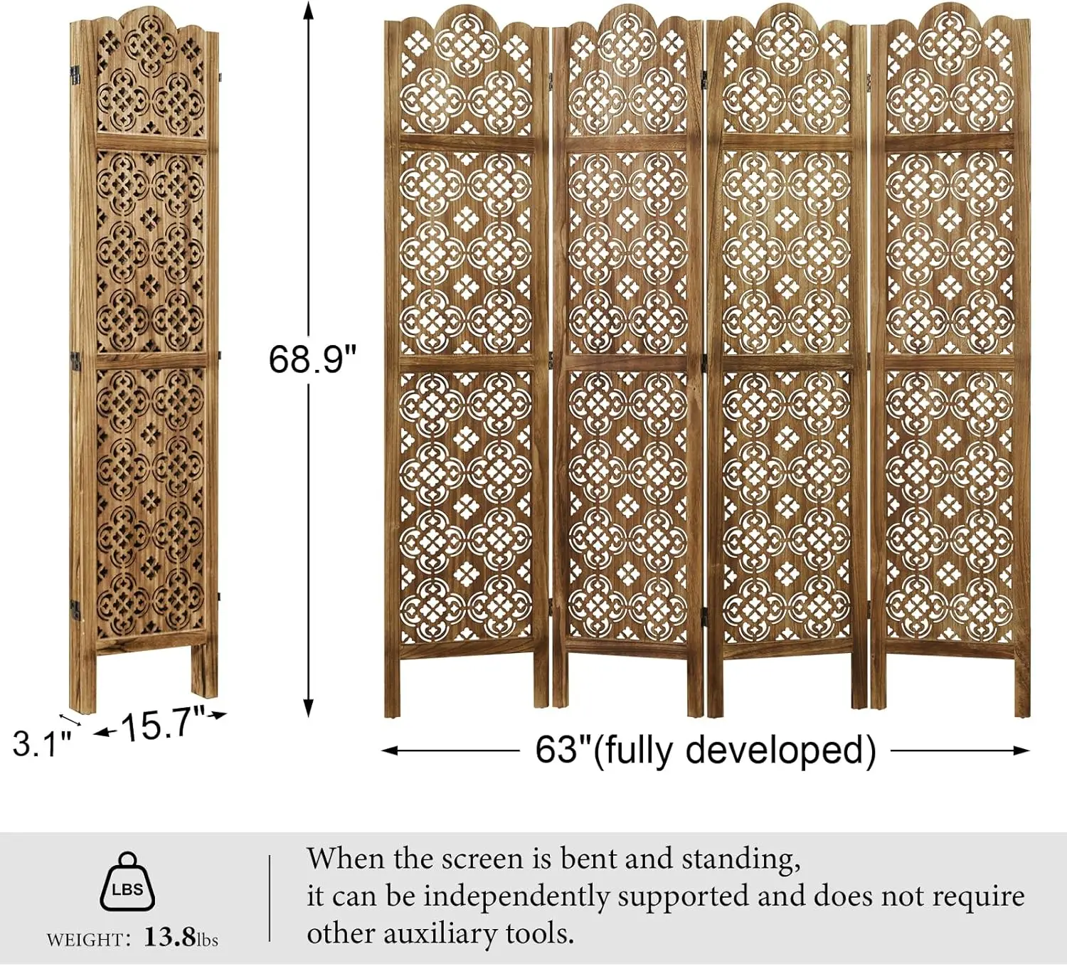 5.75Ft Room Divider Wood Carved Wall Divider Indoor Folding Portable Partition Screen for Home Office Garden Terrace - 4 Panel