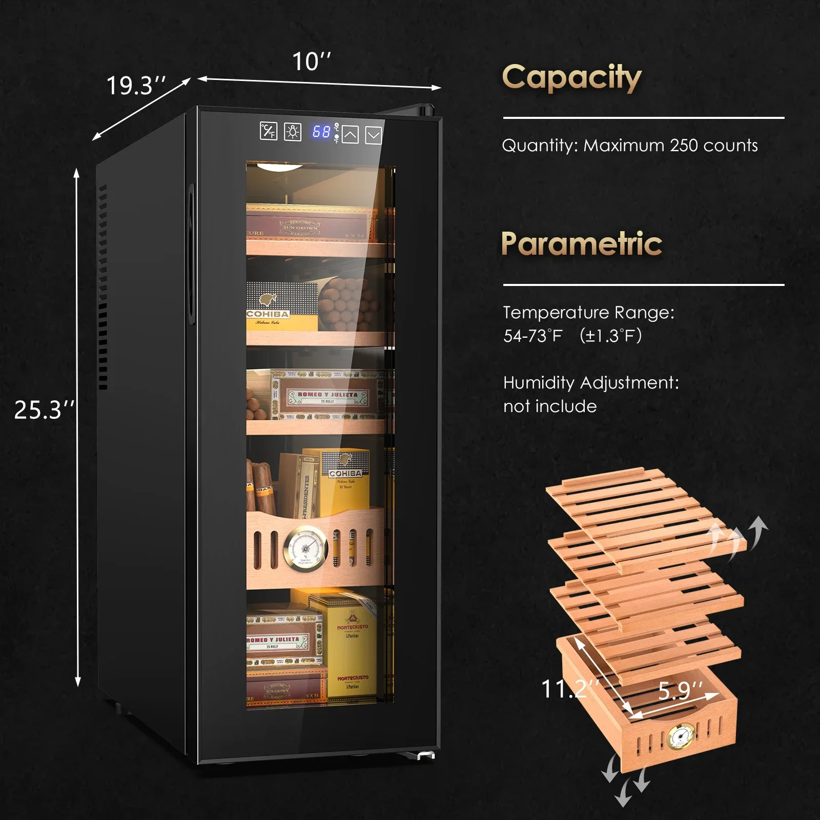

jz 35L Electric Cigar Humidor Cabinet for 250 Counts, Cooling & Heating Temperature Control, with Spanish Cedar Wood Shelves