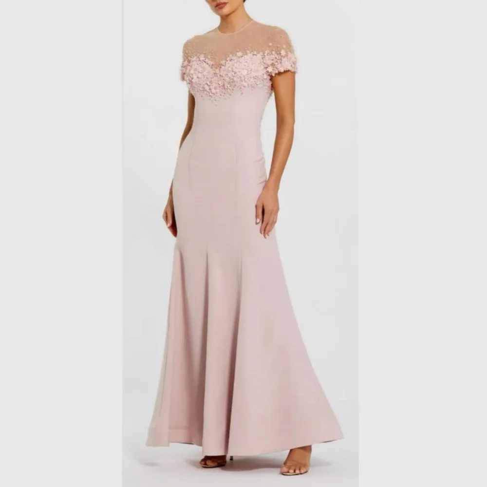 

Customized Pink Intricate Luxury Jersey Beading Sequined Flower Mermaid High Collar Ankle Length Evening Dresses for Woman