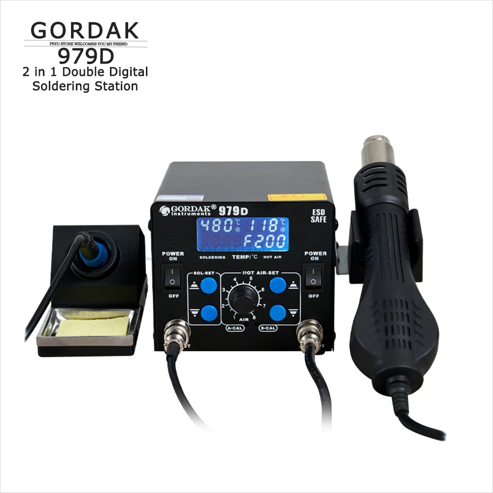 

GORDAK 979D 2 in 1 Soldering Station Double Digital 220V SMD Rework Hot Air Gun Solder Iron ESD Welding Desoldering Repair Tool