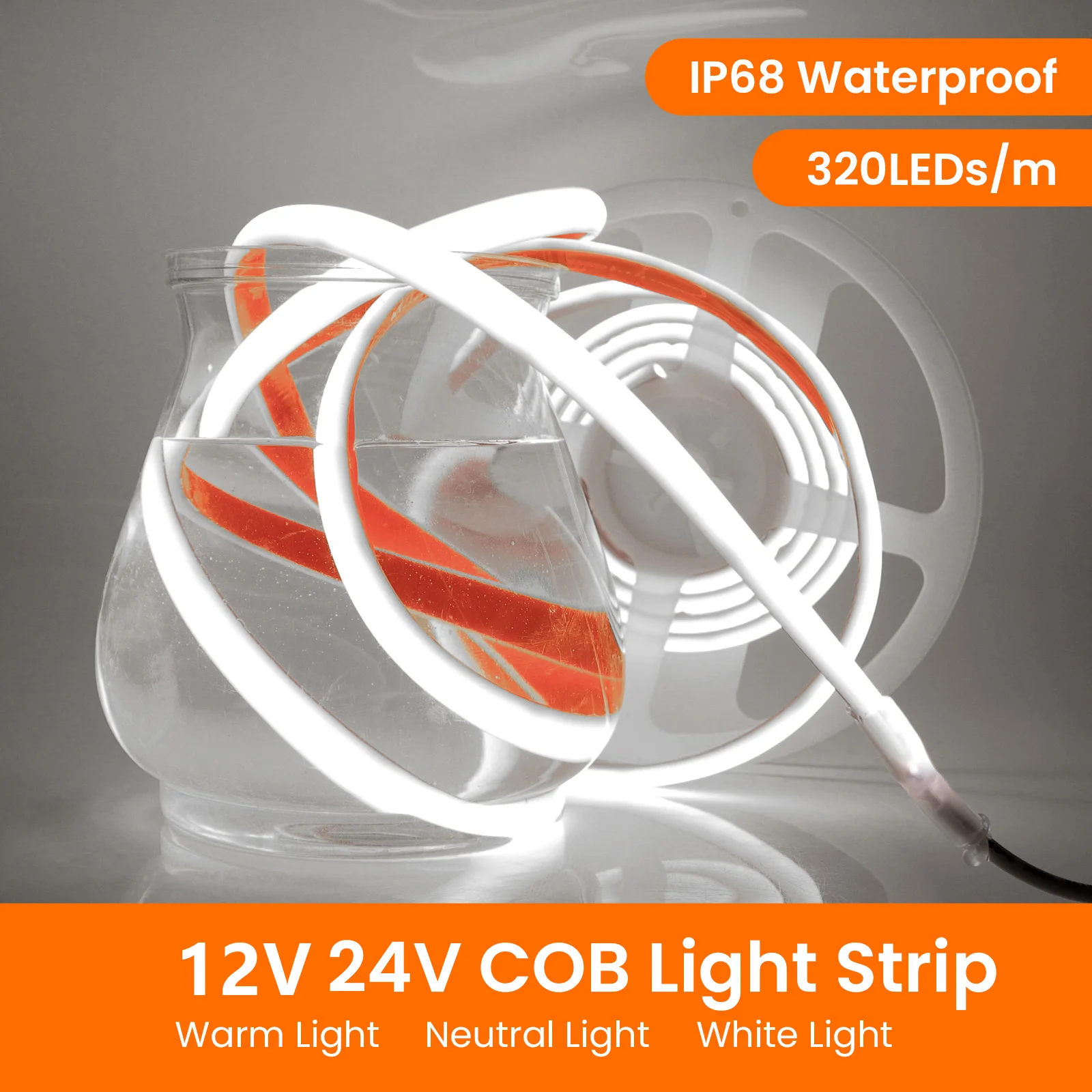 Tira de luces LED COB impermeable IP68, cinta de neón Flexible, 12V, 24V, 320LEDs/m, 0,5 m, 5m, 10m, 15m, 20m, blanco, azul, rojo, Rosa