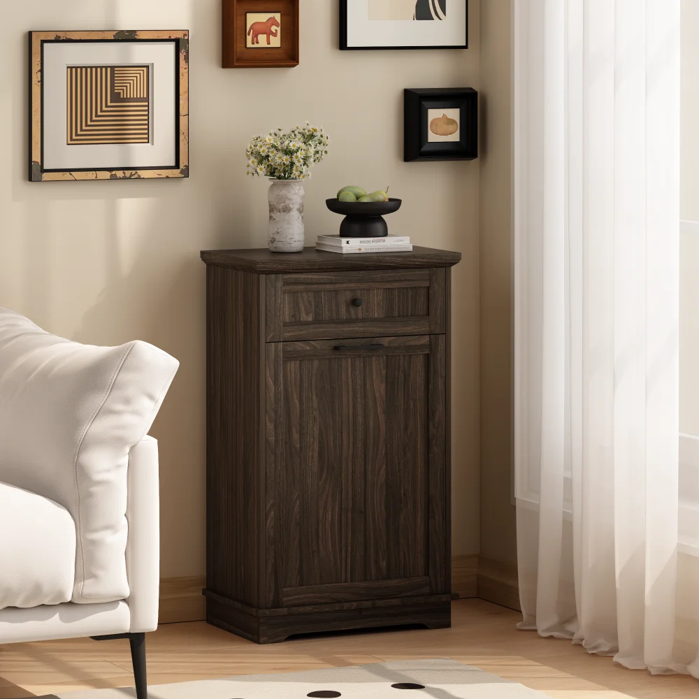 Orraves 10 Gallon Tilt Out Trash Cabinet Freestanding Trash Bin Cabinet Wood Garbage Recycling Cabinet with Hideaway Drawer Pet Proof Trash Can Holder for Kitchen Living Room, Antique Brown (Not Include Can)