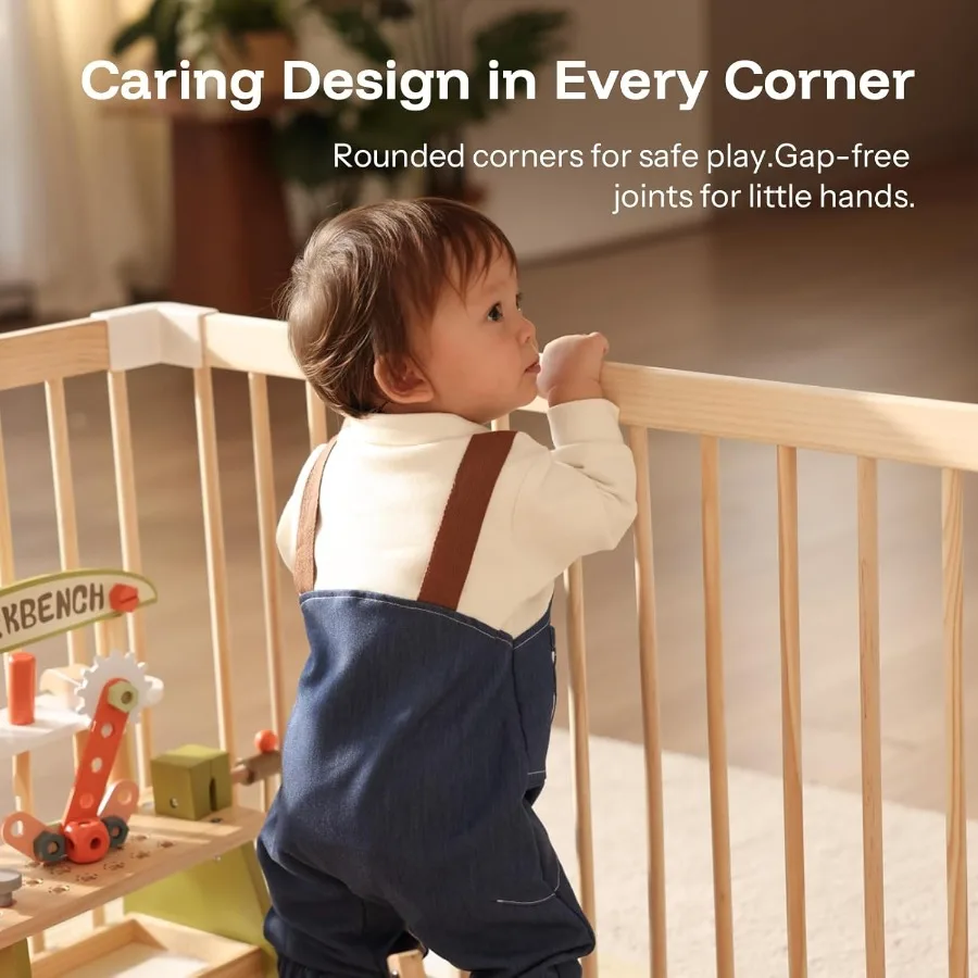 Kojec dla dziecka, drewniany kojec dla niemowląt i małych dzieci, duży plac zabaw, ogrodzenie dla dziecka, strefa zabaw, 181,5 x 202,5 x 61,5 cm