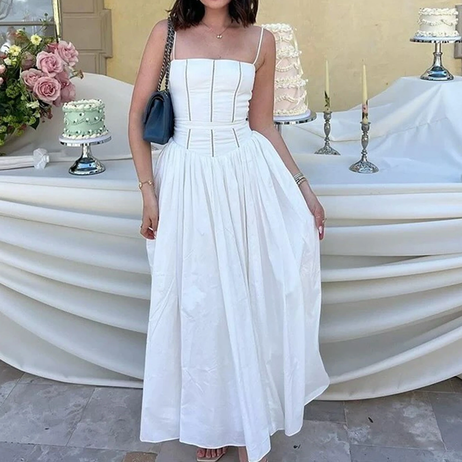 Elegante bloemen lange zonnejurk dames hoge taille uitgeholde jurk witte zonjurken zomer 2025, nieuw in avond afstudeerfeest