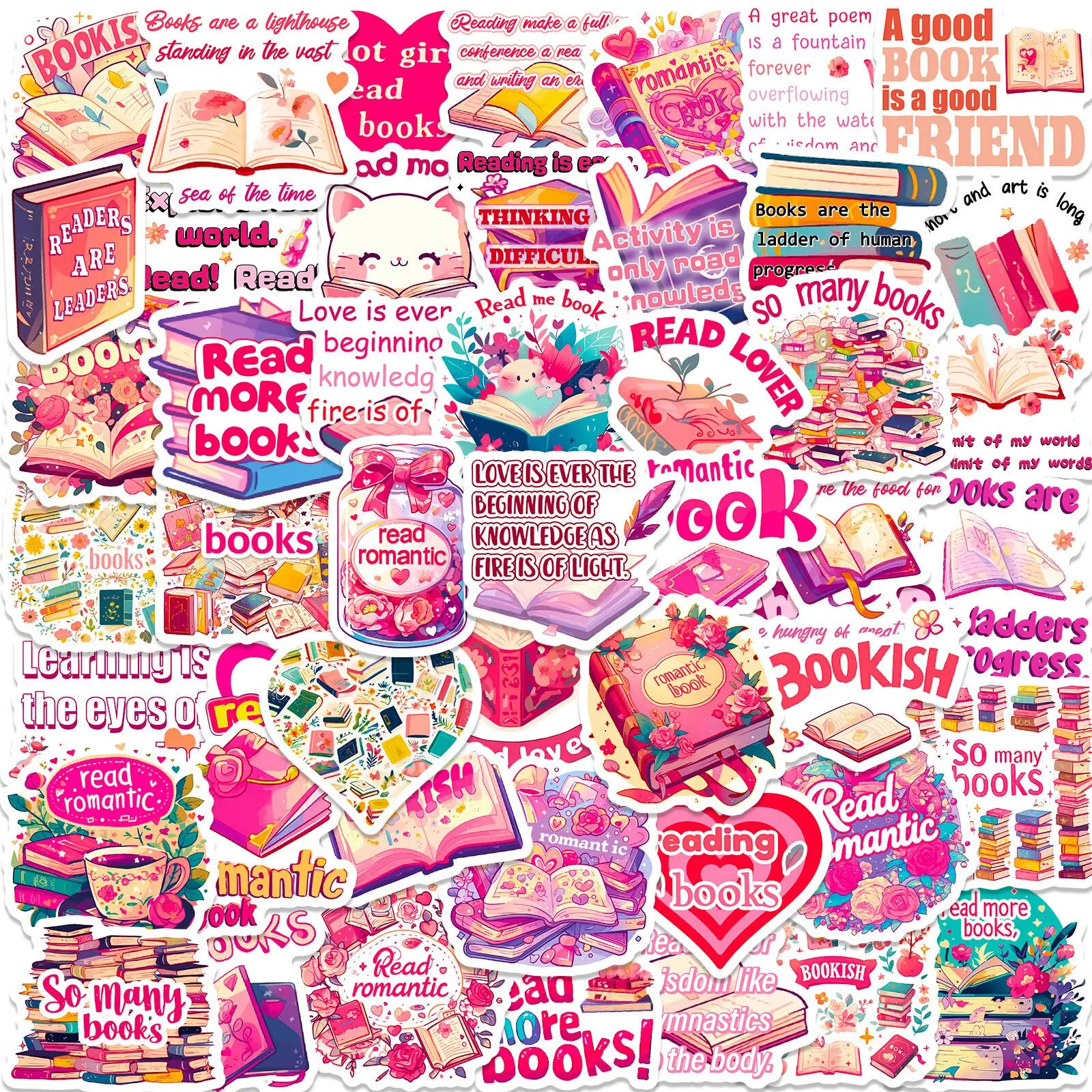 10/50pcs Cute Pink Romantic Bookish Reading Book Stickers Kawaii Decals Scrapbooking Bottle Notebook Luggage Laptop Sticker Toy