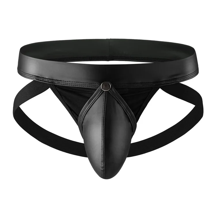 Faux Leather Jockstrap for Men Sexy Bottomless G-string Athletic Underwear Detachable Erotic Penis Pouch Open Buttock Underpants
