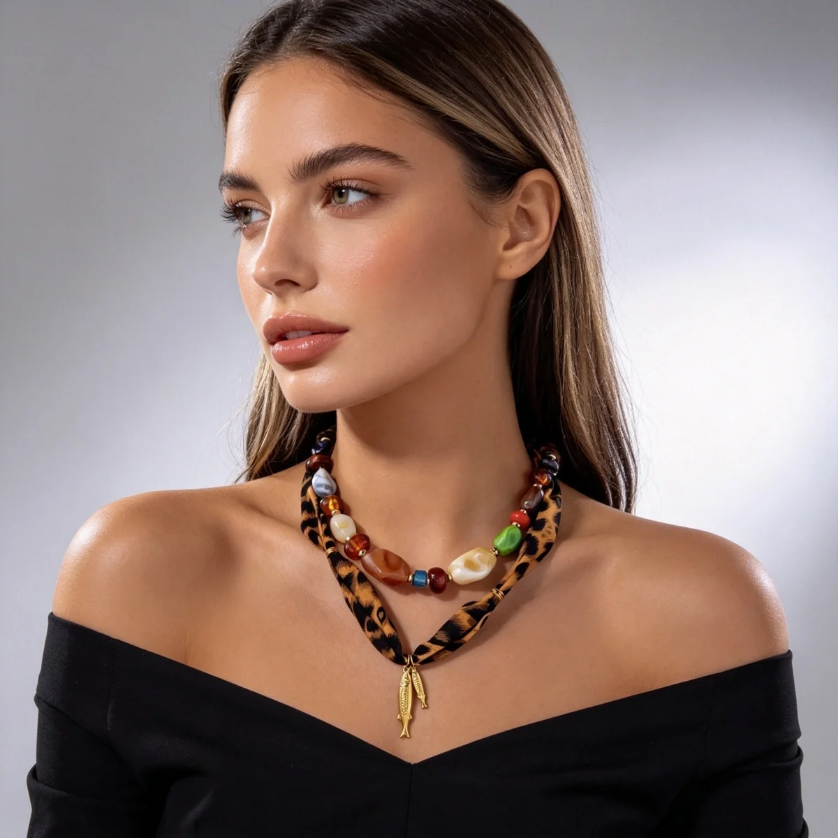 Leopardenmuster-Schalband-Halskette mit Acrylperlen und Edelstahl-Fischanhänger für Damen, Maillard Unregelmäßiger Perlen-Choker-Schmuck – Detail 15