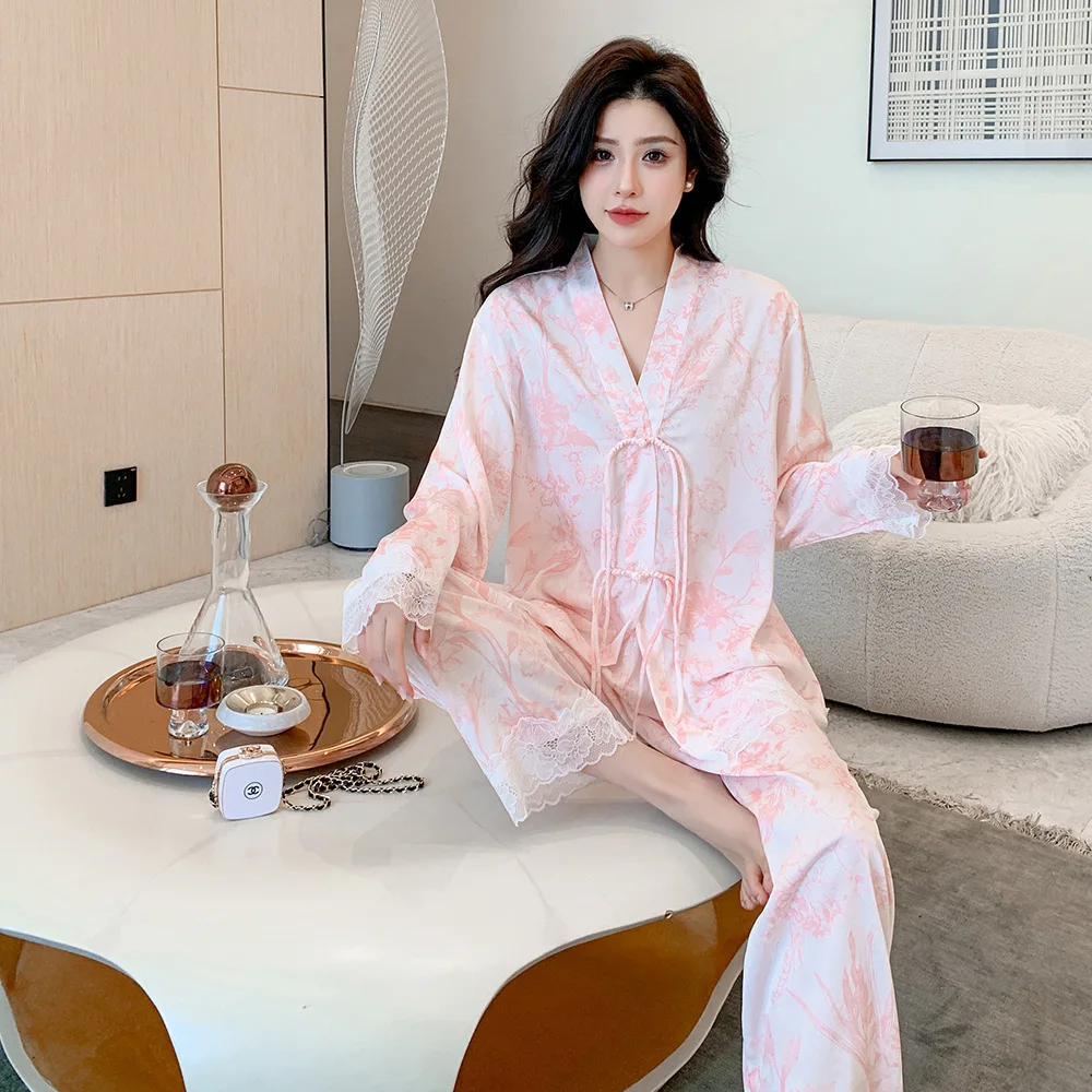 

Women Chinese Handmade Buttons Satin Pajamas Floral Print V-Neck Shirt Trousers Nightwear Pyjama Sleepwear