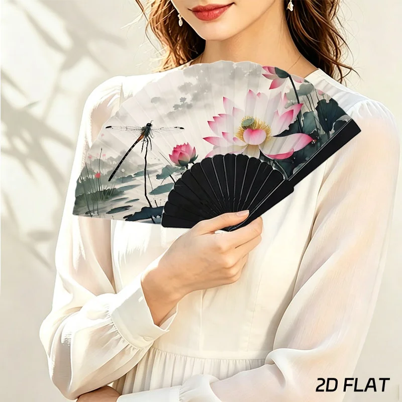 Elegant Misty Pond Lotus Watercolor Printed Hand Fan, Plastic Frame Design 1pc,  for Daily Cooling and Casual Outdoor Use