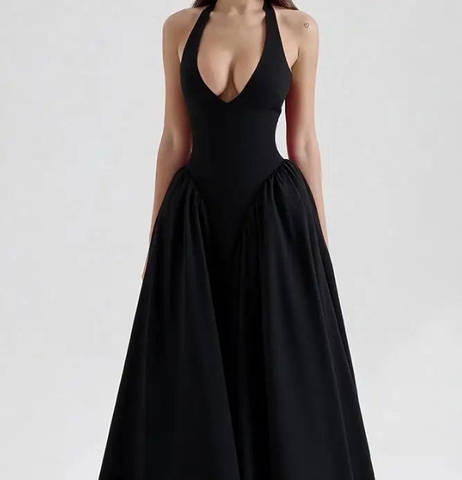 

2026 Spring New Women's Solid Color Charm Sexy V-Neck Hanging Neck High Waist Dress