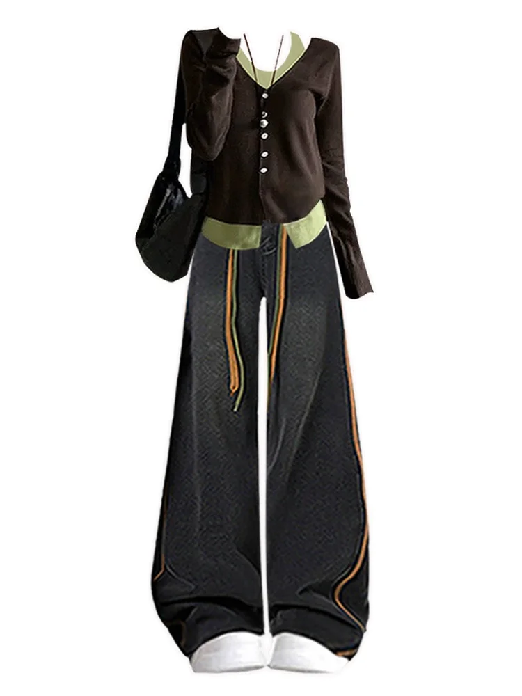 ユニークデザイン ウィンターカラー ブロンド オープンカーディガン デニム ワイドレッグパンツ セット レディースファッション アンサンブル ハイウエストパンツ