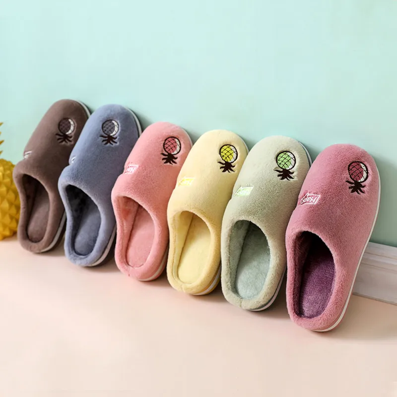 Women's Men's Warm Cotton House Fleece Cozy Non-slip Pineapple Pattern Couples Slippers Winter Soft Indoor Bedroom Couple Shoes