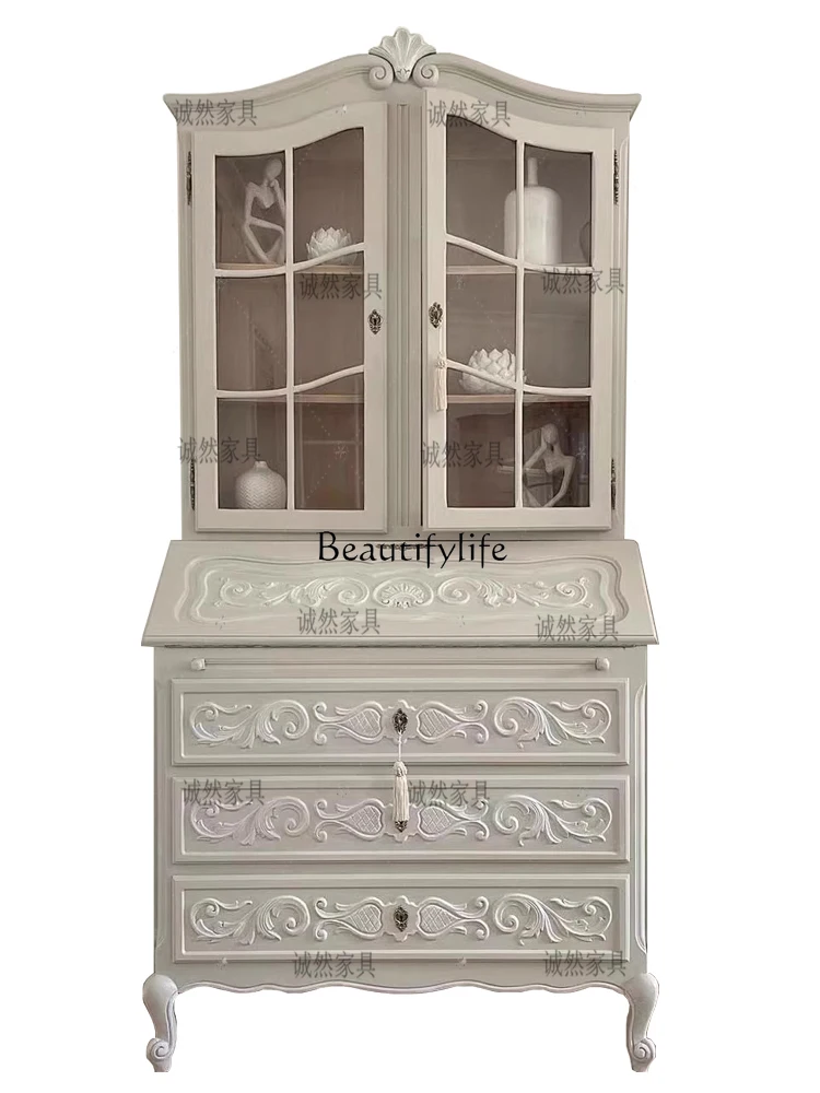 

French Retro Chest of Drawers Desk Flip Writing Dressing Multifunctional Solid Wood Carved Display Cabinet