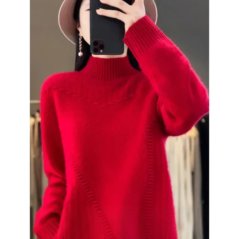 

High Collar Sweater Comfortable Full Sleeve High Neck Polyester Fall Winter Women's Knitted Loose Base Shirt Overhead Thick