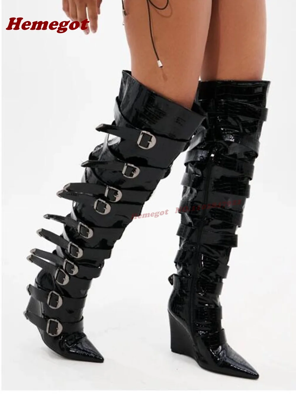 Black Belt-Buckled Wedges Over The Knee Boots Pointy Toe Side Zipper Glossy Women's Long Boots Solid Luxury Shoes Gladiator Sexy