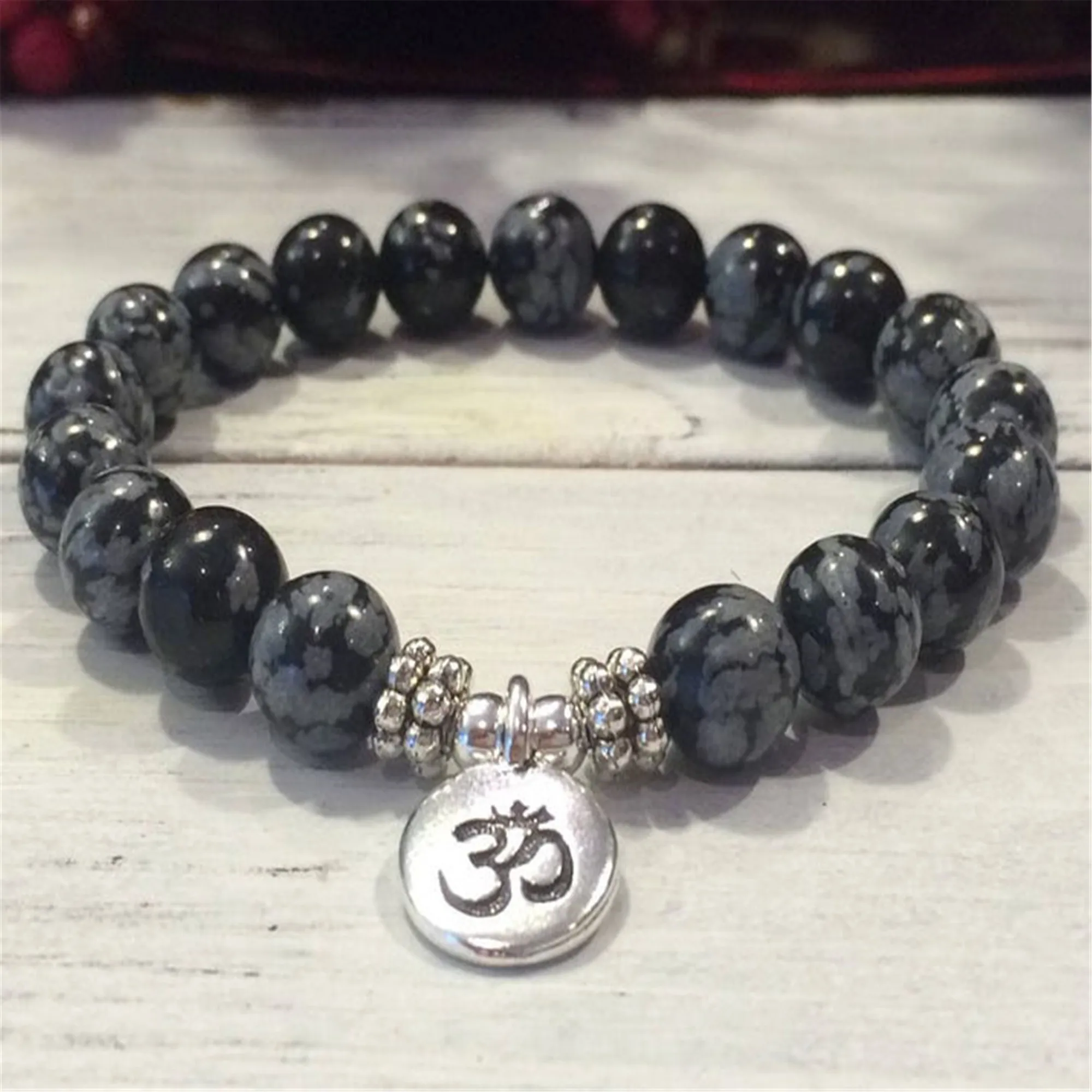 

8mm Natural Snowflake Obsidian Mala Bracelet Classic Artisan Wrap Bangle Unique Semi-Precious Stones Prayer