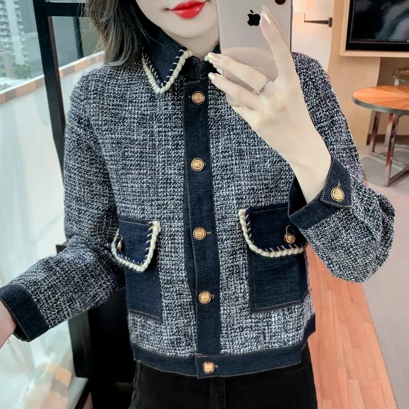 Spring Autumn New Ladies Stitching Short Coat Women Autumn Fashion Wear Joker Loose Comfortable Casual Buttons Long Sleeve Coat