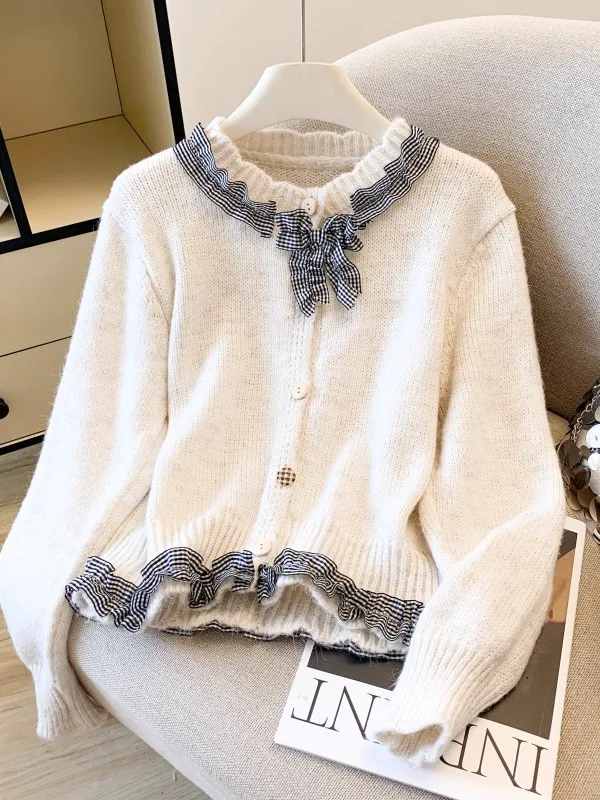 

Женский вязаный свитер Ele на осень-зиму с кружевным подолом и клетчатым узором, модный повседневный топ с длинными рукавами