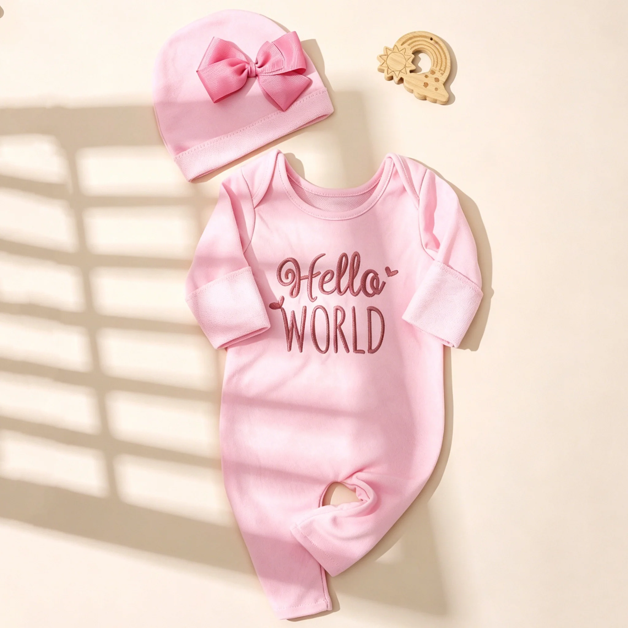Ylsteed Newborn Photography Romper Jumpsuit with Bow Hat 'Hello World' Embroidery Infant Props forComing Home Outfit Baby GiftHD