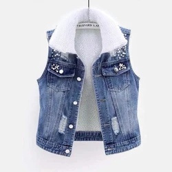 Autumn Winter Women Denim Tank Top Coat New Fashion Pin Beaded Hole Sleeveless Denim Jacket Female Waistcoat Cowboys Vest 5XL