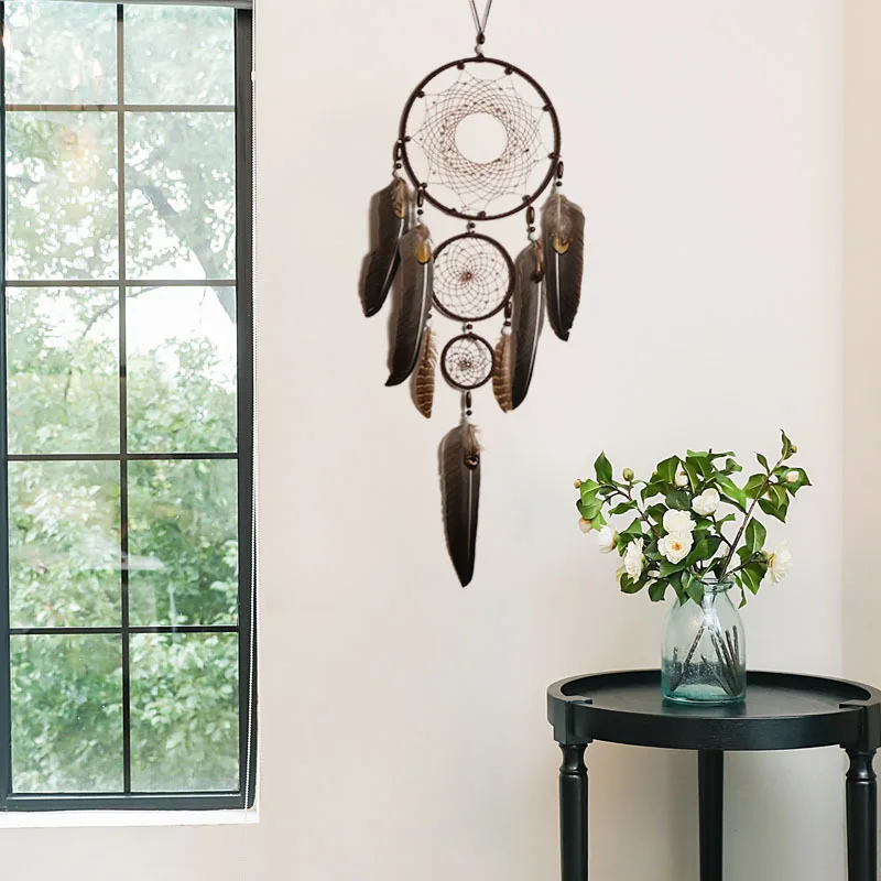 Large Size Coffee Color Three Ring Dream Catcher Home Decor Wall Hanging Feathers Dream Catcher Ornament Modern Minimalist Style