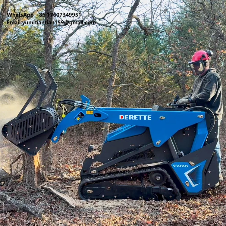 Diesel Walk Behind Derette V1000 Mini Skid Steer Kubota Engine Stand on Track Loader with Forestry Mulcher for Brush Clearing