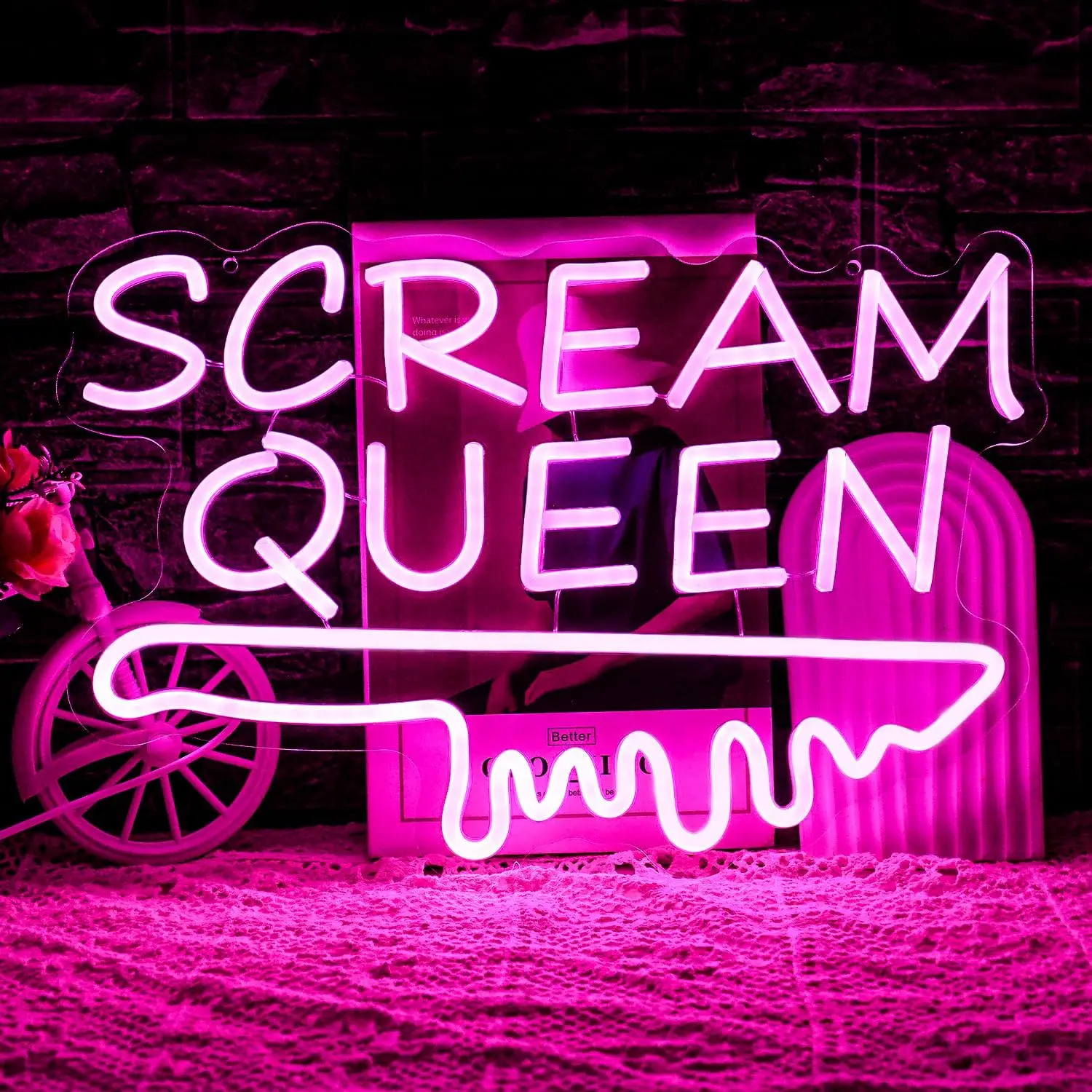 Letrero de neón Scream Queen, decoración de pared, letrero de neón con forma de cuchillo regulable para habitación de adolescentes, letrero de neón LED rosa con letras, decoración de pared para dormitorio.