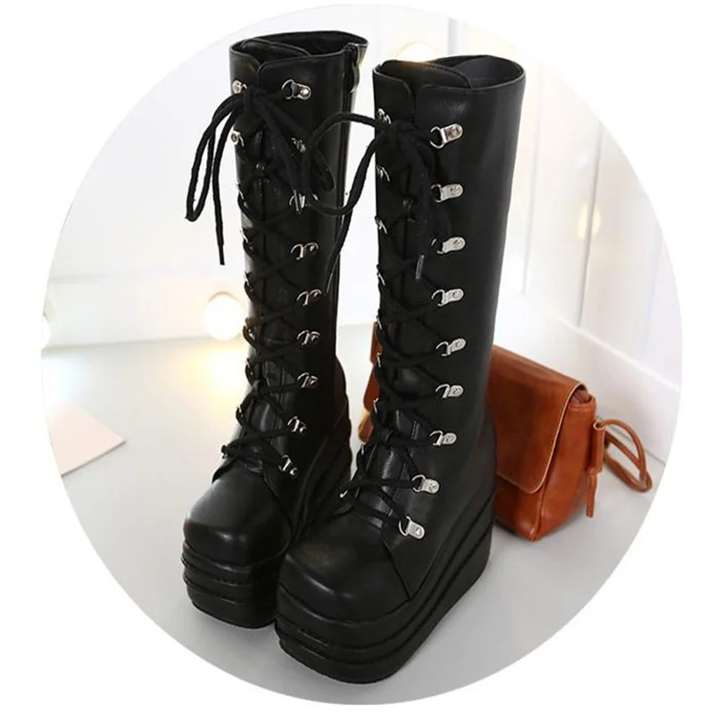 Size 35-43 Botas Mujer Plataforma Winter Womens Boots Punk Style White Wedge High Heel Boots Lace Up Wedge Platform Boots