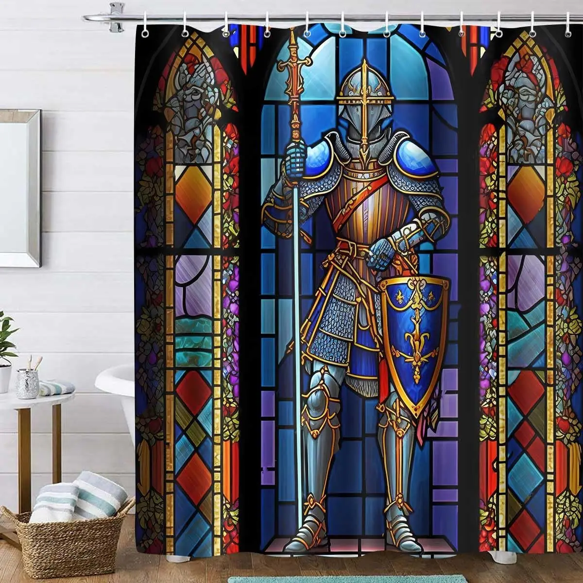 Shower Curtain, 72x72 inch Polyester, Medieval Knight Stained Glass Bathroom Shower Curtains Decor Set with 12 Hooks