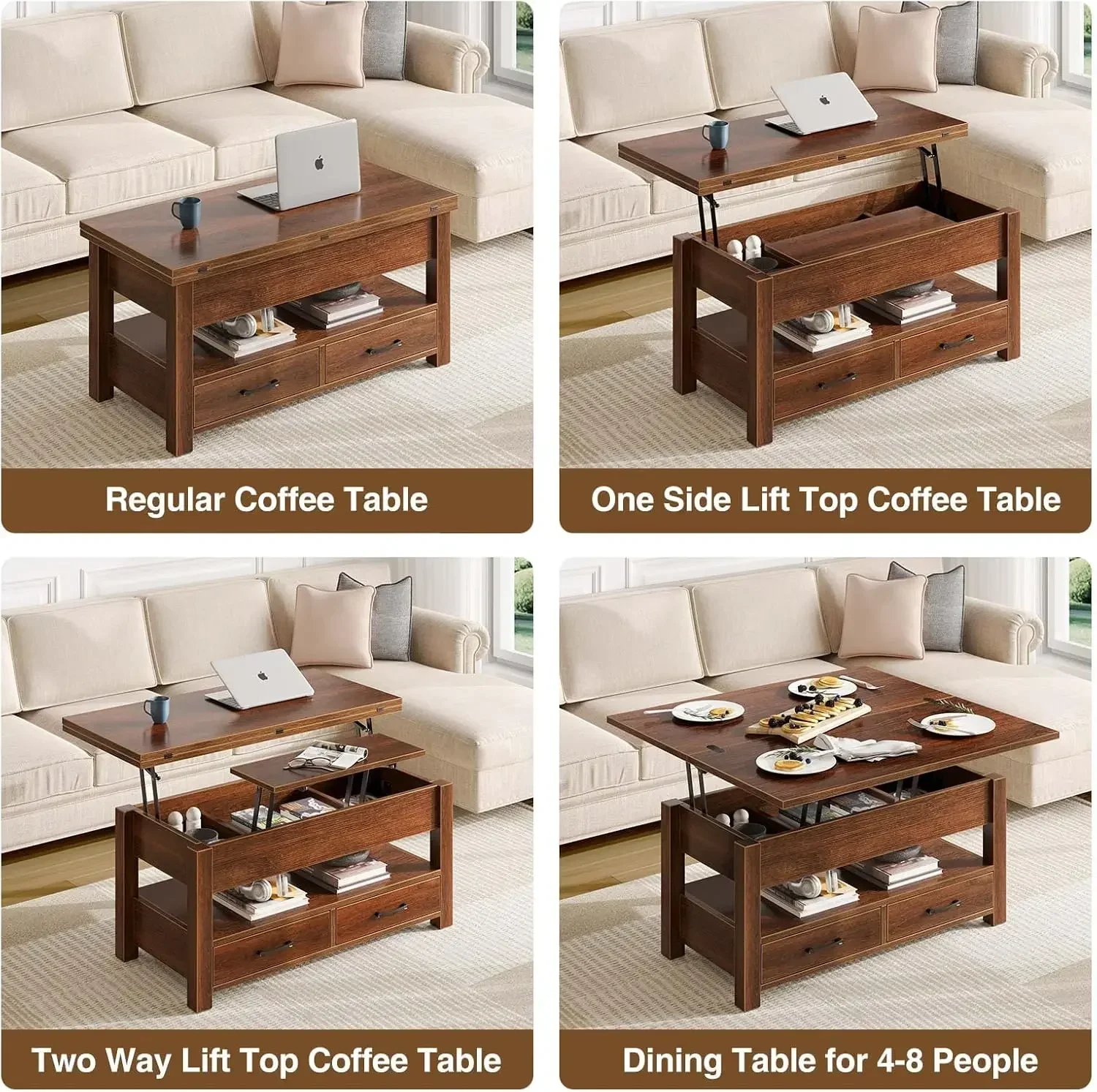 

Coffee Table Converts Coffee Table Lift Top, Multi-Function Convertible Coffee Table with Drawers and Hidden Compartment,