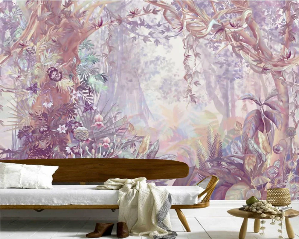 Papel de parede custom tropical plants leaves pink flowers and birds wallpaper mural,living room tv wall  bedroom home decor