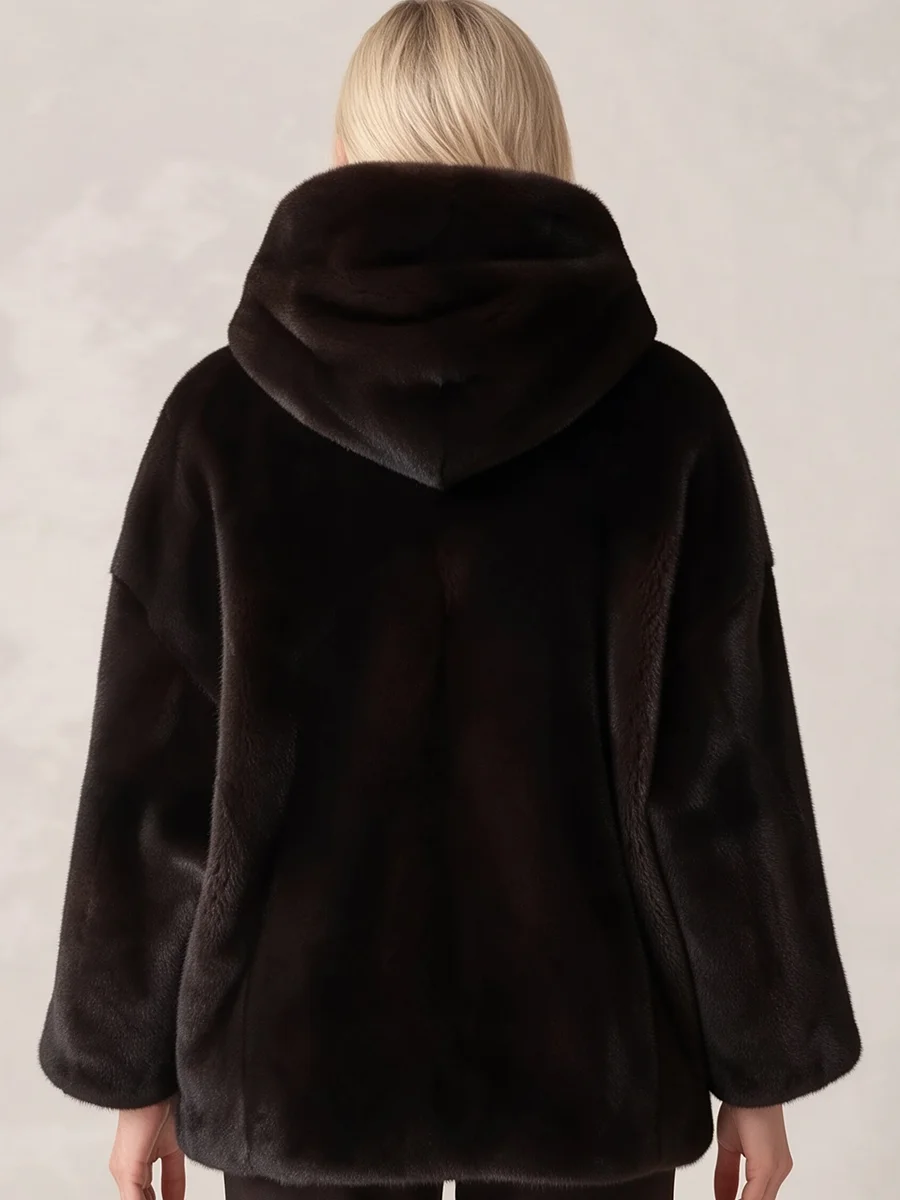 PUAL  Women Beige Faux Mink Fur Hooded Sweatshirt Soft Plush Winter Warm Fashion Pullover