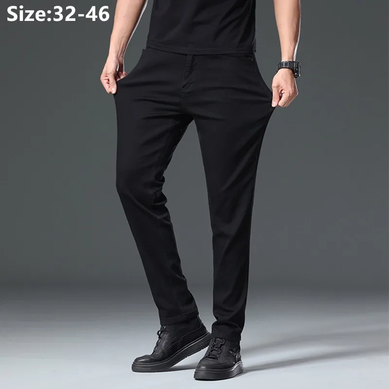 

Мужские черные джинсы, размеры 40, 42, 44, 46, высокоэластичные, весенне-летние брюки, ковбойские, зауженные, чисто черные, больших размеров, мужские брюки-карандаш