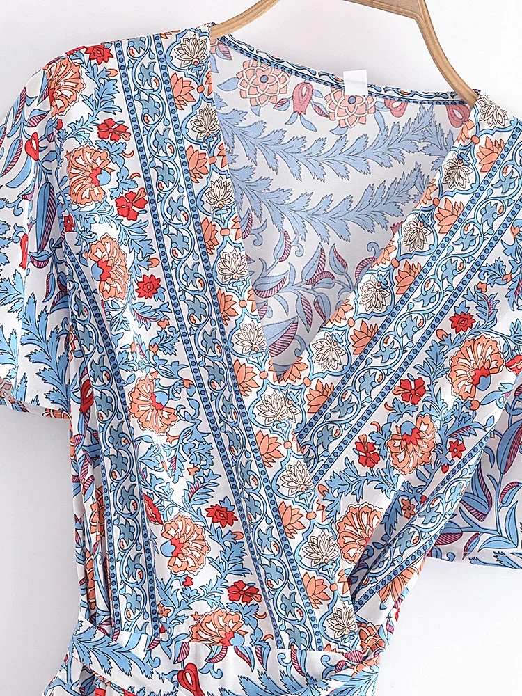 Bohemian Chic Women Blue Floral Print Cross V-neck Wrap Beach Summer Mini Dress Ladies Short Robe Rayon Boho Dresses Vestidos