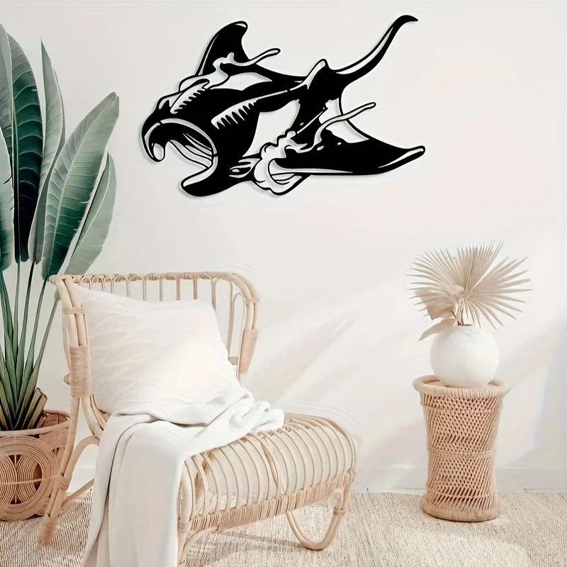Manta Ray Iron Wall Art Black Silvery Marine Metal Sign Nautical Coastal Beach House Living Room Ocean Theme Decor Gift Ornament