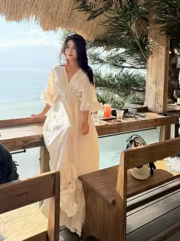 Summer Beige V Neck High Waist Vacation Pleated Fairy Long Dress Women Short Sleeved Ruffle Edge Party Evening Dress 2025 French