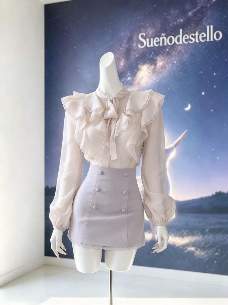 Sweet Japanese Long Lantern Sleeve Blouse Women 2 Tone Cotton Linen Lace Trim Ruffle Collar Slim Fit Casual Daily Outfit 2026