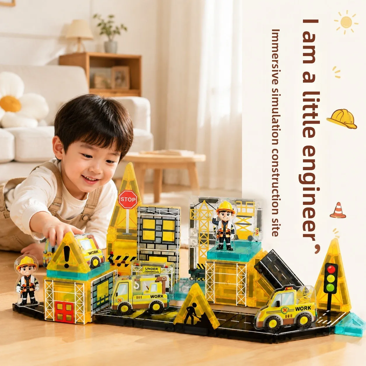Portable Pocket Color Window Magnetic Tiles, Police Fire Military Engineering Scene, Kids Educational Building Blocks Toy