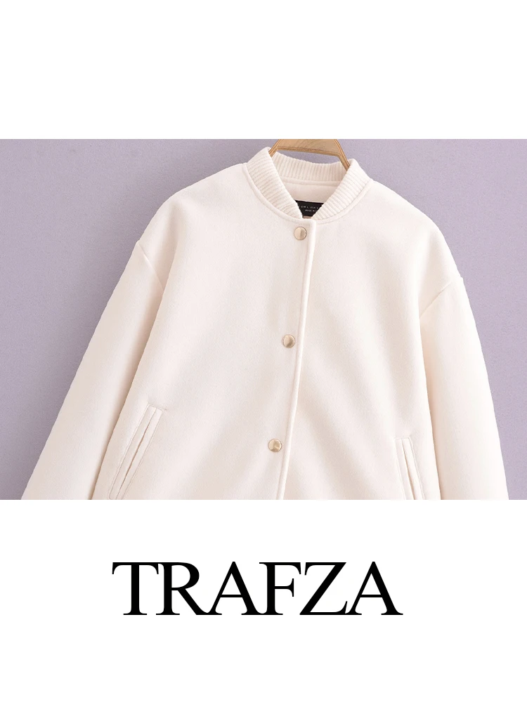 TRAFZA-Chaqueta Bomber suave decorada con botones dorados para Mujer, abrigo informal holgado con bolsillo elegante para Mujer, Otoño e Invierno