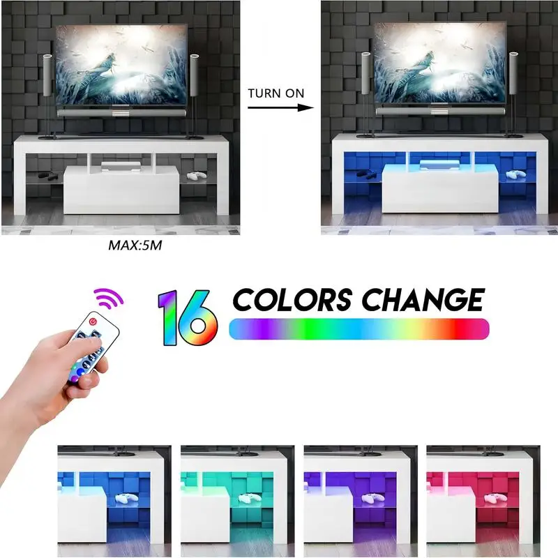 LED-TV-Ständer für Fernseher bis zu 55 Zoll, modernes Entertainment-Center mit nach unten klappbarer Tür, Glasregal und glänzendem UV-Finish, TV