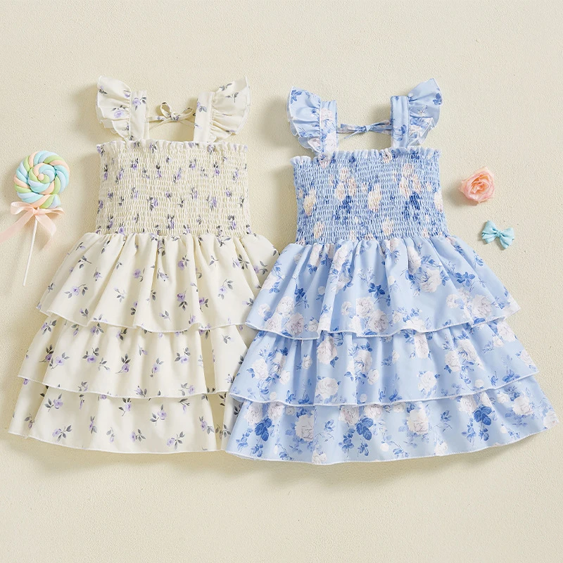 Children's summer floral print ruched strap dress with multi-layer cake skirt for girls