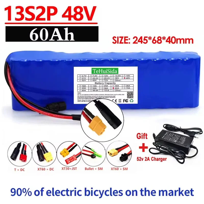 48V 60Ah 1000w 13S2P XT60 48V Lithium Ion Battery Pack 60000mah for 54.6v E-bike Electric Bicycle Scooter with BMS+charger